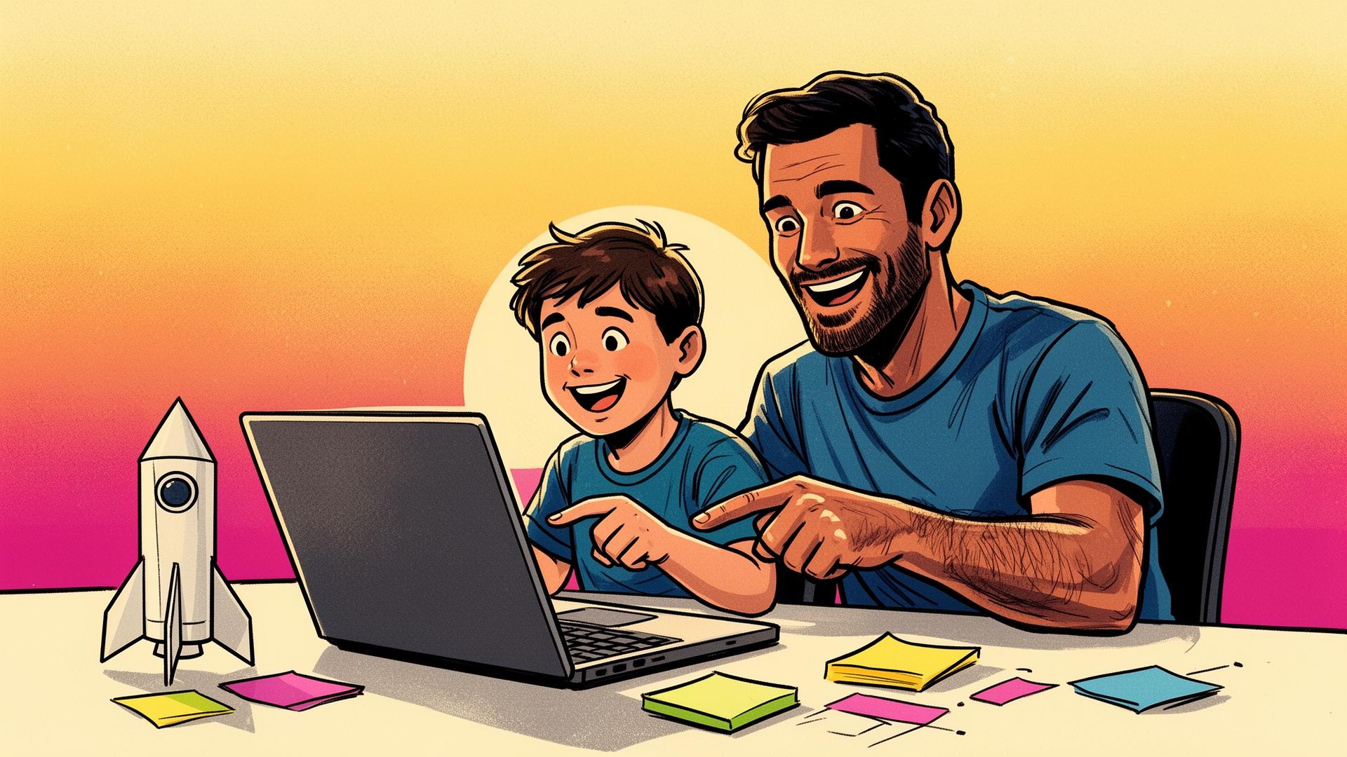A dad and his two sons building their first business together on a laptop at sunrise